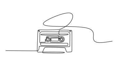 Retro teknoloji ve 80 'lerin nostalji illüstrasyonu, klasik ses kaseti bir çizgi çizim vektörü. Klasik müzik sembolü, analog medya, pop eğlence.