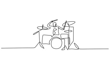 Davul çalan bir adamın minimalist çizimi. Müzisyen performans konsepti. Düzenlenebilir vuruş ile basit vektör illüstrasyonu.