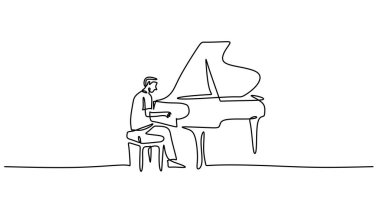Klasik Müzik Eğlence Konsepti. Bir Piyanistin Devamlı Tek Satır Sanatı Büyük Piyano Çalıyor. Minimalist Konser Melodisi Sketch. Vektör İllüstrasyonu.