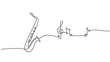 Caz melodisi ve nota tek bir satırda. Devamlı çizimde, bir festival veya konser sembolü olan soyut notalı bir saksafon yer alıyor..