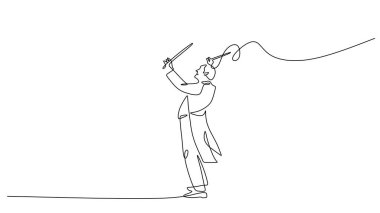 Sopayla yöneten bir orkestra şefinin tek çizgi çizimi. Müzikal performansın tek satır sanatı. Liderlik ve klasik senfoninin vektör illüstrasyonu.