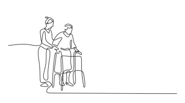 Bakıcı kadın, yaşlı adama sürekli çizim yaparken yürüteç kullanmasında yardım ediyor. Yaşlı bakımı ve tıbbi yardım vektör çizimi.