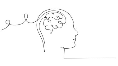 Dijital devreye bağlı insan beyni sürekli tek bir çizgi çiziyor. Yapay zeka ve teknoloji konsept vektör çizimi.