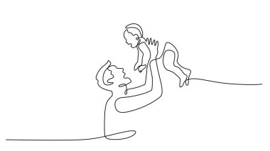 Baba oğlunu basit ve kesintisiz bir çizgi çizerek tutuyor. Mutluluk anı ve mutlu ebeveynlik kavramı vektör çizimi.