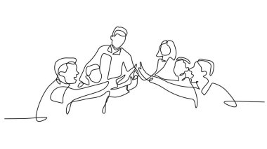 Bir grup insan sürekli tek bir çizgi çizerek işbirliği yapıyor. Takım çalışması çeşitliliği ve kurumsal birlik vektörü çizimi el çizimi.