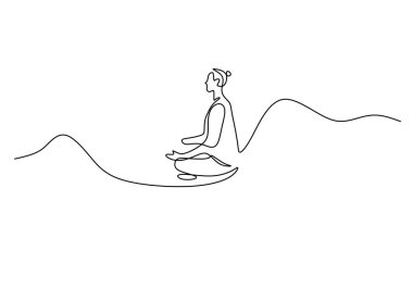 Dağın zirvesinde meditasyon yapan bir kadın bir çizgi çiziyor. Refah ve doğada rahatlama, vektör illüstrasyon minimalist.