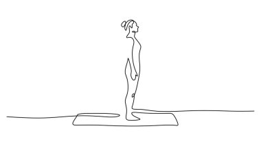 İribaşlı yoga yapan biri basit bir çizgi çizer. Güneş selamı ve sağlıklı nefes alma vektörü çizimi el çizimi.
