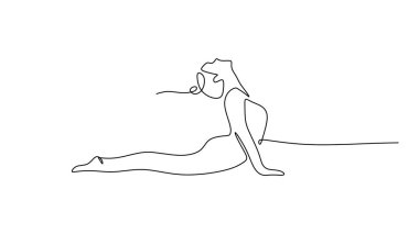 Bir çizgi çizerek yoga yapan formda bir kadın. Ruhani sağlık ve sağlıklı yaşam tarzı konsantrasyonu, vektör illüstrasyon minimalisti.