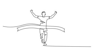 Koşucu bitiş çizgisini sürekli geçiyor. Zafer ve atletik başarı, vektör illüstrasyon minimalist.