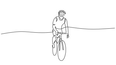 Bisiklete binen kişi sürekli bir çizgi çiziyor. Sağlıklı yaşam tarzı ve açık hava bisiklet sporu vektör çizimi el çizimi.