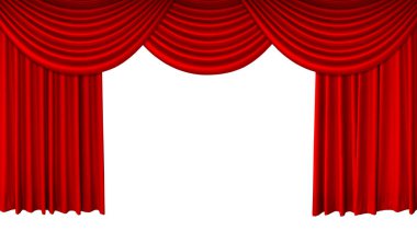 Kırmızı tiyatro sahnesi perdesi, uzun üst kenarı ayrılmış. Film, konser veya tiyatro sahnesi için kadife perde. 