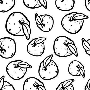 El çizimi şeftali pürüzsüz desen. Beyaz arka planda tekrar eden şeftaliler. Tekstil, duvar kağıdı, ambalaj, baskı, çıkartma ve gıda temalı projeler için uygun basit tasarım