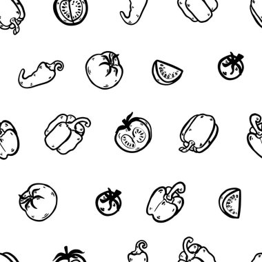 El çizimi biber ve domatessiz desen. Beyaz arka planda izole edilmiş bütün biber ve domatesler. Tekstil, duvar kağıdı, ambalaj, baskı, çıkartma ve gıda temalı projeler için uygun basit tasarım.