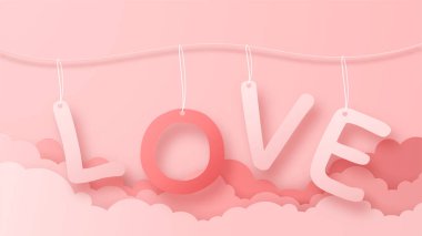 3D origami sıcak hava balonu kalp aşk mesajları arka planında uçuyor. Anneler Günü, Sevgililer Günü, Doğum günü için aşk konsepti tasarımı. Vector kağıt çizimi.