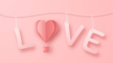 3D origami sıcak hava balonu kalp aşk mesajları arka planında uçuyor. Anneler Günü, Sevgililer Günü, Doğum günü için aşk konsepti tasarımı. Vector kağıt çizimi.