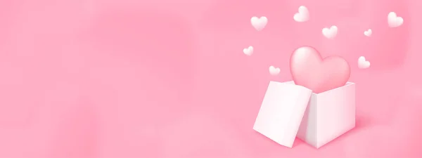 Caja Regalo Con Corazón Volando Sobre Fondo Banner Rosa Diseño — Vector de stock