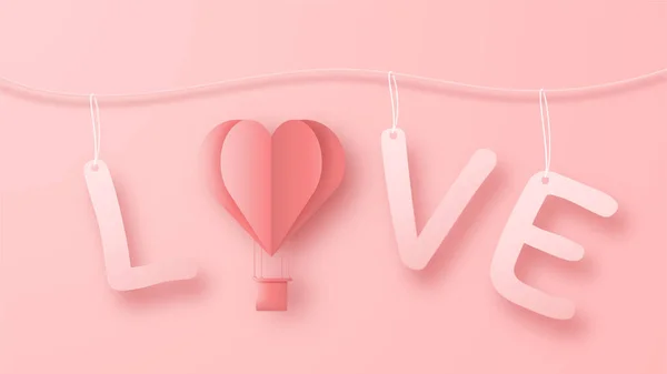 Balão Quente Origami Voando Com Fundo Texto Amor Coração Design —  Vetores de Stock