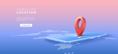 Seyir subayı 3D pin konumu dünya haritası geçmişini kontrol ediyor. Cep telefonuyla yer belirleme noktası. Vektör sanatı illüstrasyonu