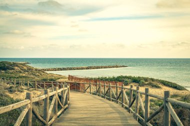 Dunas de Artola - Marbella 'daki Doğal Park, Costa del Sol, İspanya. Tahta yol, turistik kargaşa.