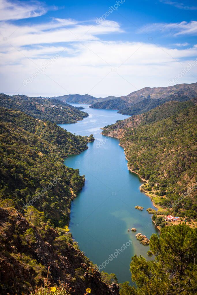 Elevated view across La Concepcion reservoir. Marbella, Malaga Province, Andalusia, Spain.