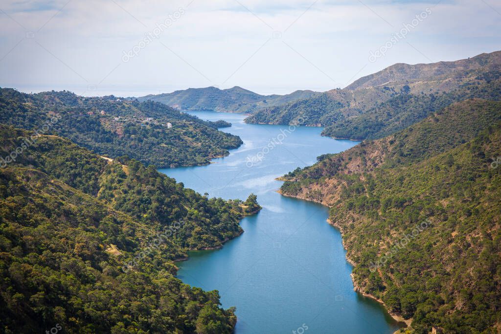 Elevated view across La Concepcion reservoir. Marbella, Malaga Province, Andalusia, Spain.