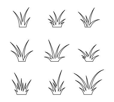 Doğa Tasarımı İçin Çim Çizgisi Simgesi Ayarlandı. Beyaz arka planda izole edilmiş. Peyzaj, Bahçe İllüstrasyonu, Yeşil Çevre Temaları, Çim Sembolleri, Açık Hava Grafikleri, Çevre Projeleri.