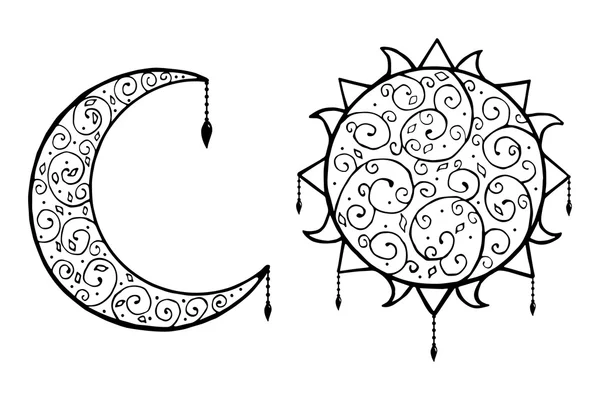 Decoratieve doodle, de zon en de maan met geïsoleerde vectorillustratie. — Stockvector