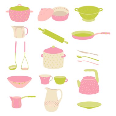 Şirin renkli mutfak gereçler takımı. Çanak çömlek polka dot pembe, yeşil ayarla