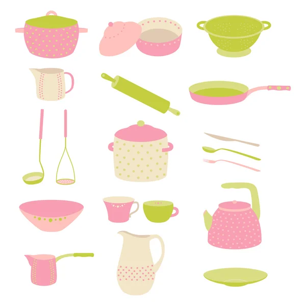 Mignon ensemble d'ustensiles de cuisine colorés. Vaisselle rose à pois, set vert — Image vectorielle