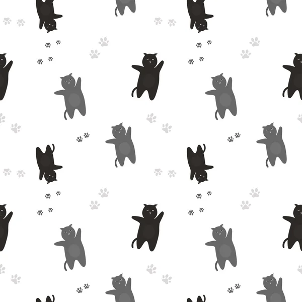 Cats Seamless Pattern Patrón Gatos Negros Grises Con Trazas Pies — Vector de stock