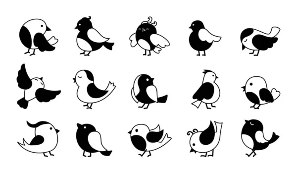 Pájaro diferente pose glifo negro conjunto de dibujos animados vector — Vector de stock