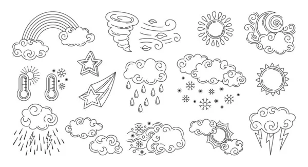 Météo doodle set noir ligne soleil pluie neige étoile — Image vectorielle