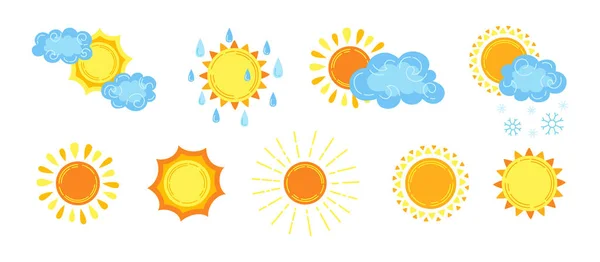 Soleil dessin animé set météo dessiné à la main vecteur — Image vectorielle