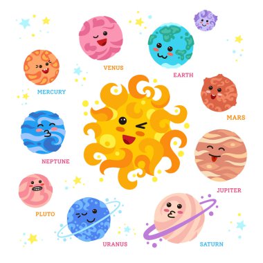 Güneş uzayı etrafında karikatür yüzlü gezegenler vektöre bakıyor