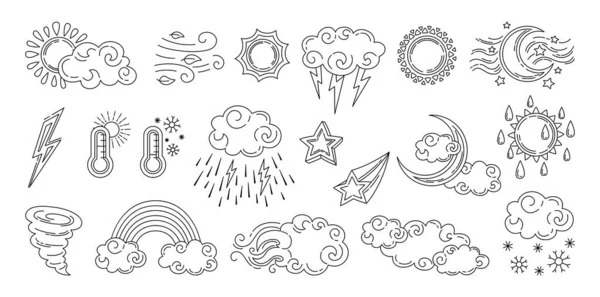 Weer doodle set voorspelling zwarte lineaire maan — Stockvector