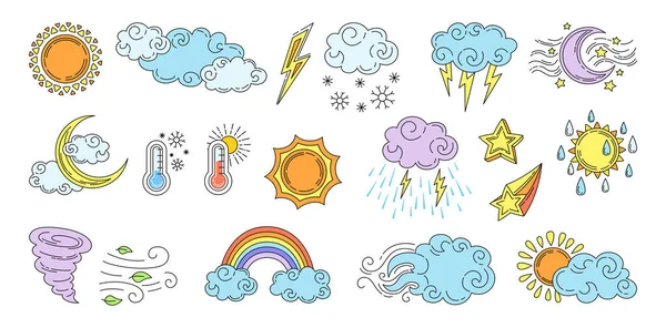 Clima dibujos animados conjunto lineal mano dibujado sol lluvia — Vector de stock