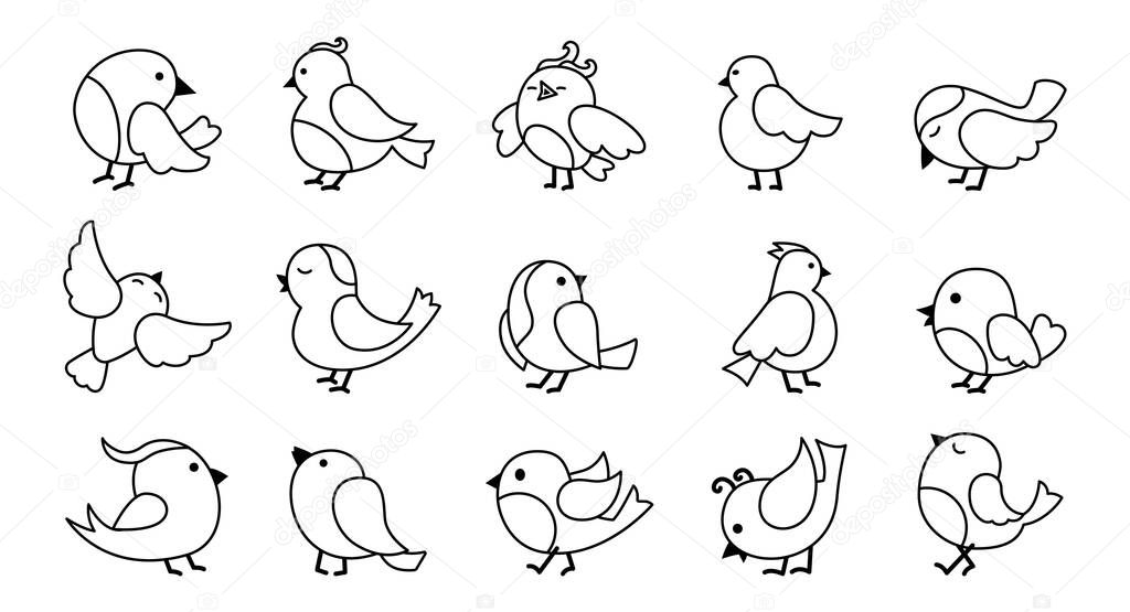 Bird different pose black line cartoon set vector