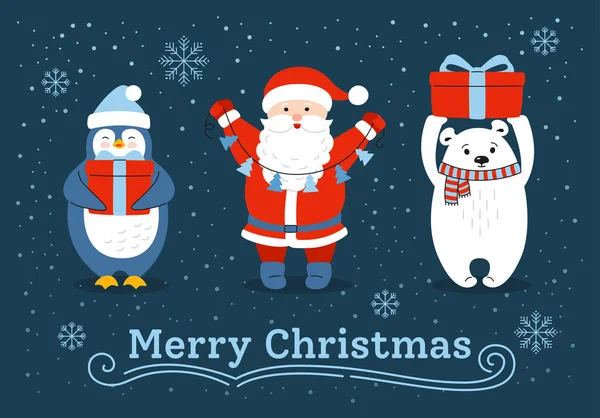 圣诞卡北极熊桑塔企鹅礼物 — 图库矢量图片