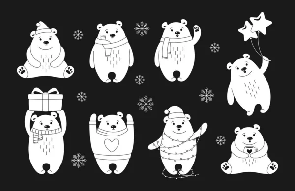 Navidad polar oso línea de dibujos animados conjunto glifo vector — Vector de stock