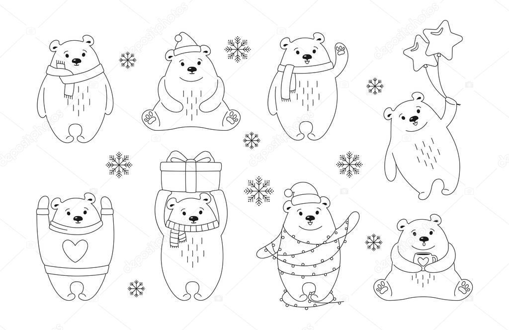 Christmas polar bear cartoon black outline set