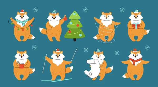 Vánoční liška karikatura set Nový rok roztomilý červená — Stockový vektor