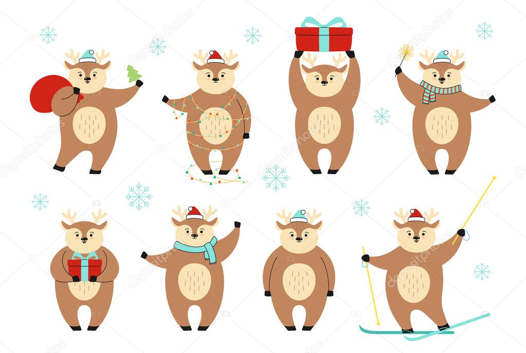 Christmas deer cartoon set reindeer New Year