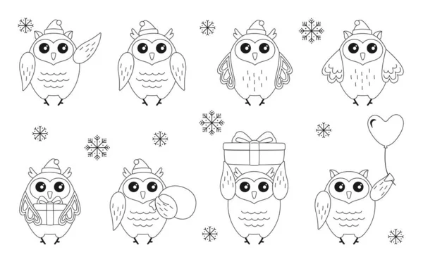 Christmas owl character bird set gift line — Stock Vector