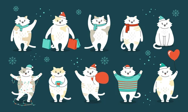 Navidad gato conjunto nuevo año gatito dibujos animados vector — Vector de stock