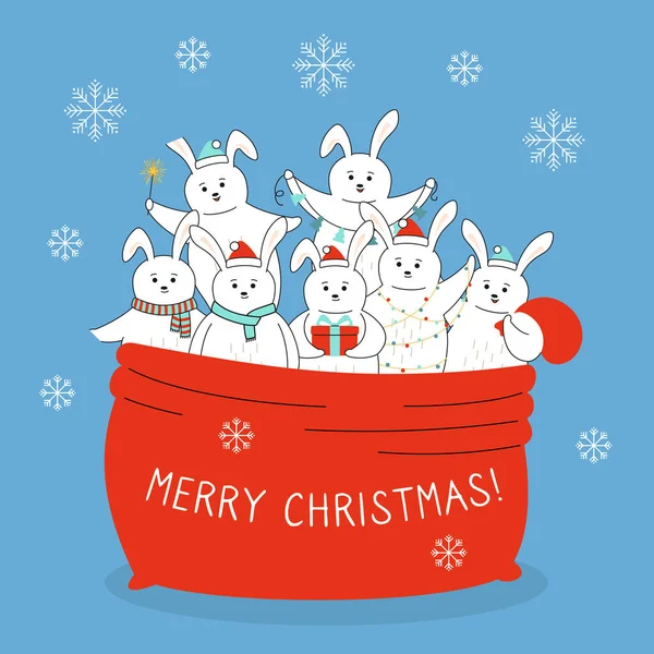 Tecknad kanin väska Tomten Claus julkort — Stock vektor