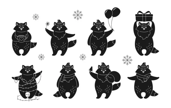 Kerstmis cartoon vos zwart glyph set cadeau — Stockvector