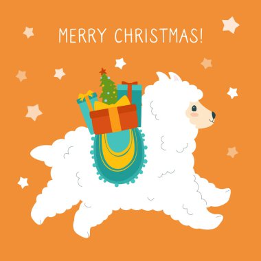 Alpaca Noel tebrik kartı kutuları hediye vektörü