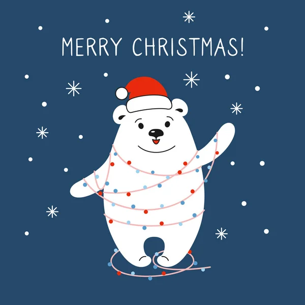 圣诞卡卡通片北极熊红帽花环 — 图库矢量图片