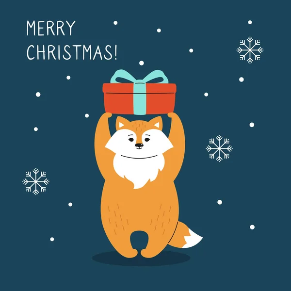 圣诞贺卡狐狸雪地礼品盒 — 图库矢量图片