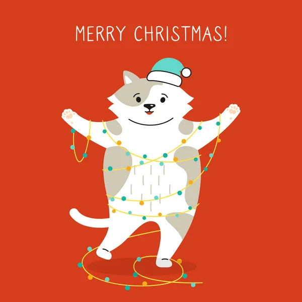 带花环病媒的圣诞贺卡猫 — 图库矢量图片